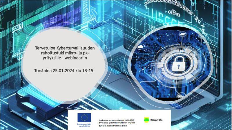 Kuva: KAMK. Sinisävyinen tapahtumamainos kyberturvallisuuswebinaariin.