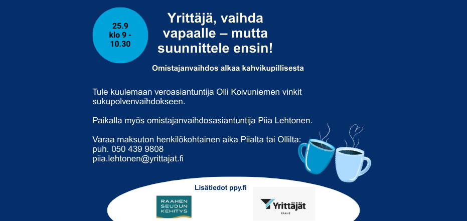 Kuva: Pohjois-Pohjanmaan Yrittäjät Tapahtuman tiedot sinisellä taustalla ja järjestäjien logot.