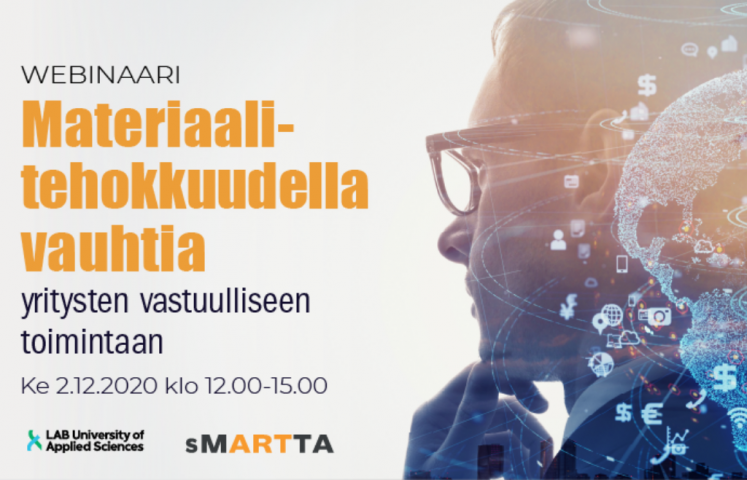 Kuva: LAB. Webinaarimainos materiaalitehokkuudesta vauhtia, siluetti silmälasipäisestä pohdiskelevasta henkilöstä.