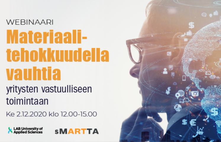 Webinaarimainos materiaalitehokkuudesta vauhtia, siluetti silmälasipäisestä pohdiskelevasta henkilöstä.