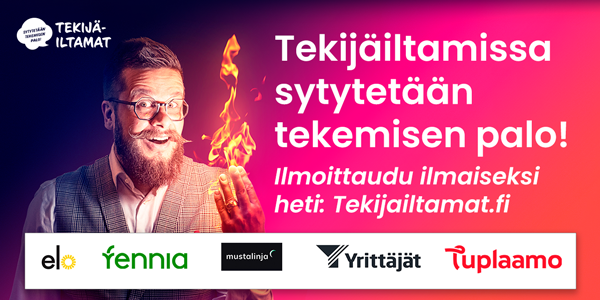 Kuva: Tekijäiltamat. Innostunut, parrakas henkilö, jonka sormista loimuaa tekemisen palo.