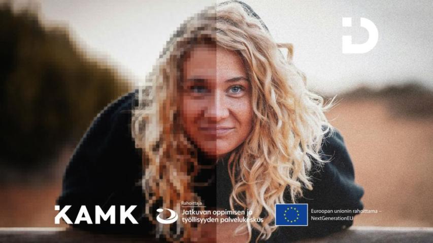 Puoliksi pikselöitynyt ja puoliksi tarkkarajainen ihminen. Ditta-hankkeen, Kamkin, Jatkuvan oppimisen ja työllisyydenpalvelukeskuksen ja EU NextGeneration -logot.