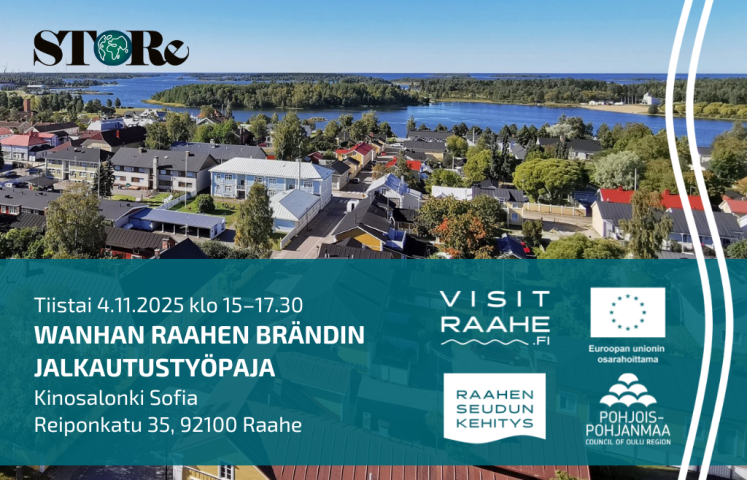 Tapahtuman tiedot ja taustalla ilmakuva Wanhasta Raahesta merelle päin.