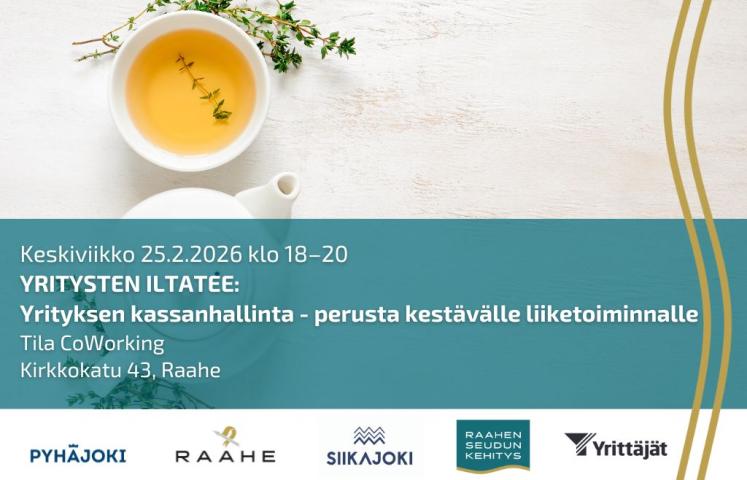 Tilaisuuden tiedot, kuntien logot ja taustalla teekuppi ja -pannu.