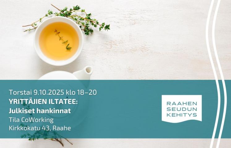 Tapahtuman tiedot ja vaalealla taustalla teepannu ja -kuppi.