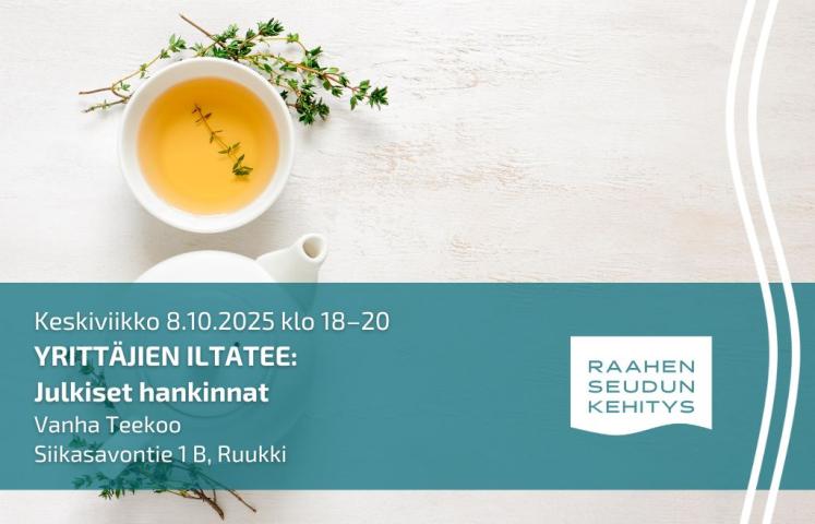 Tapahtuman tiedot ja vaalealla taustalla teepannu ja -kuppi.