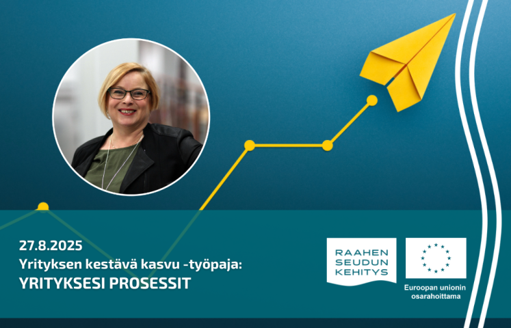 Kouluttajan kuva ja työpajan tiedot, taustalla keltainen lennokki.