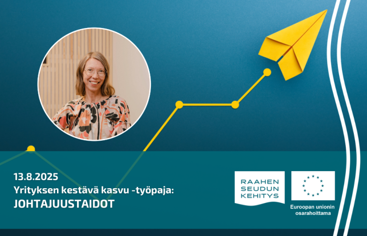Kouluttajan kuva ja työpajan tiedot, taustalla keltainen lennokki.