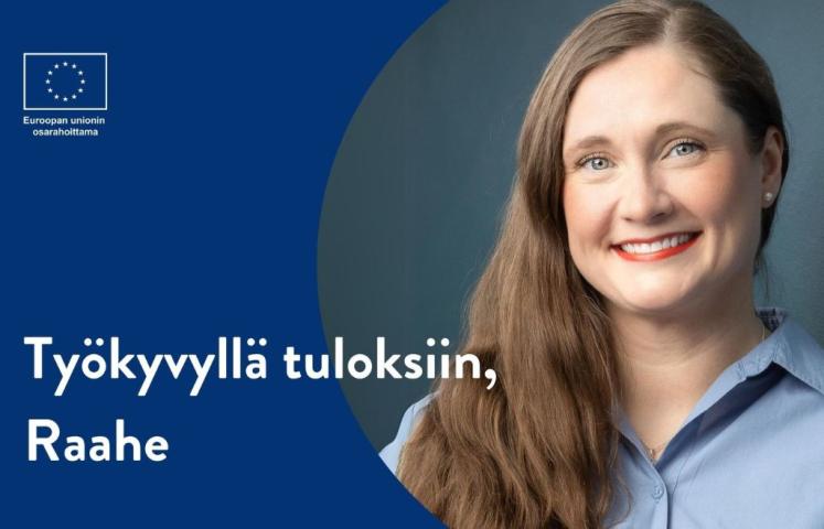 Kuva: Kohtaantoa-hanke. Kasvokuva Päivi Kennilästä, EU-logo ja työpajan nimi.