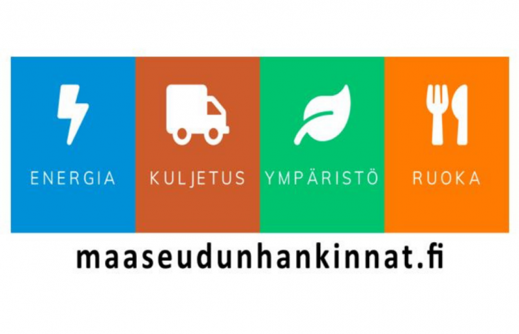 Kuva: maaseudunhankinnat.fi Neljä ikonia kuvaamassa painopisteitä energia, kuljetus, ympäristö ja ruoka sekä teksti maaseudunhankinnat.fi.