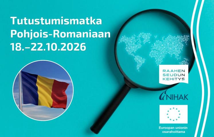 Teksti tutustumismatka Pohjois-Romaniaan, Romanian lippu ja matkan ajankohta. Sinisellä taustalla suurennuslasissa maailmankartta.