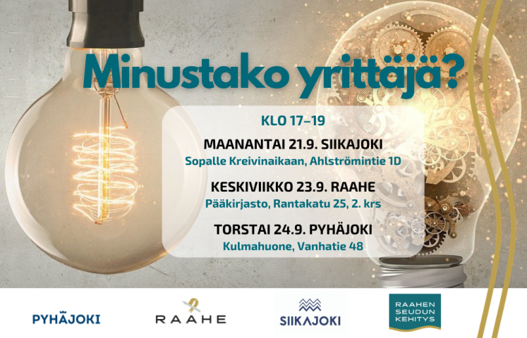 Minustako yrittäjä -tilaisuuksien aikataulu. Taustalla kaksi sytytettyä lamppua. Siikajoen, Raahen, Pyhäjoen ja Raahen seudun kehityksen logot.