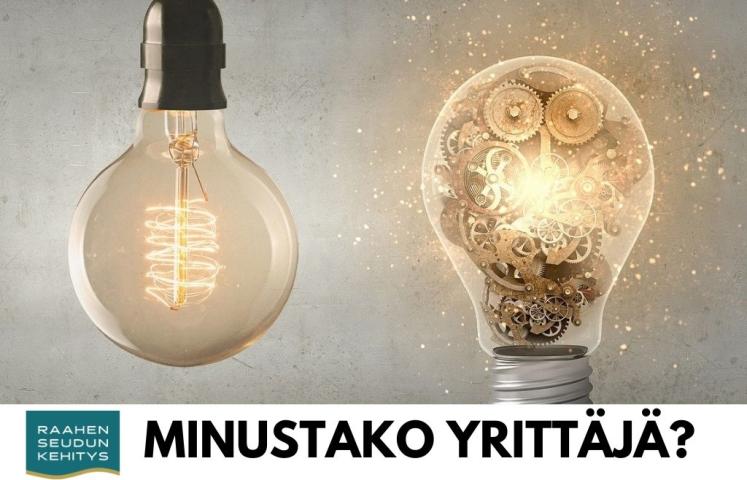 Kaksi lampun polttimoa ja teksti Minustako yrittäjä.