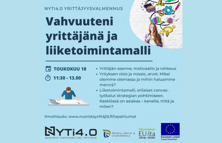 Tapahtumamainos nuorille suunnatusta yrittäjyyskoulutuksesta.