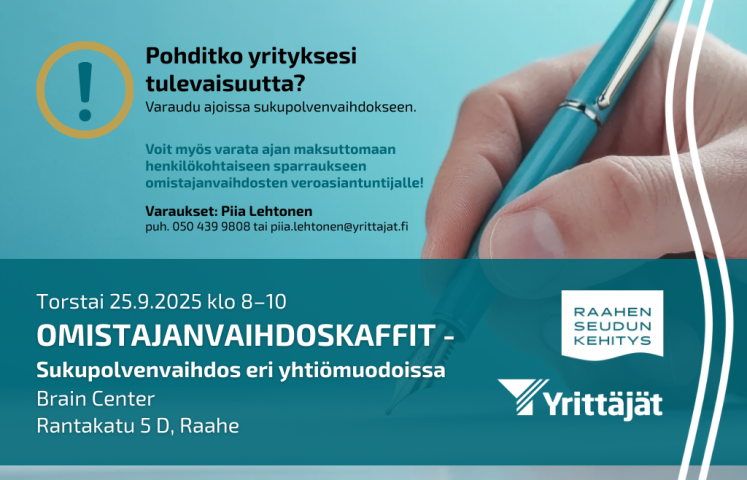 Tapahtuman tiedot ja taustalla kynää pitelevä käsi.