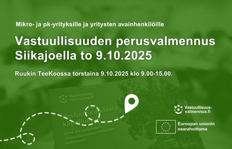 Valmennuksen ajankohta ja paikka vihreällä pohjalla.