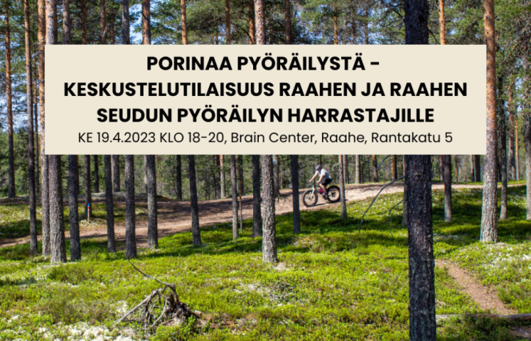 Pyöräilijä aurinkoisessa metsässä ja tapahtumatiedot.
