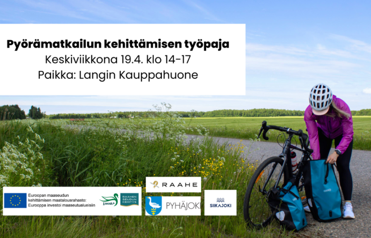 Pyöräilijä tien reunassa ja työpajan tiedot.