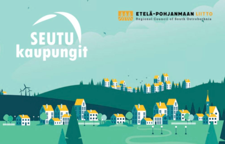 Kuva: Seutukaupunkiosaajat. Vihreäsävyinen piirroskuva vehreästä kaupungista.