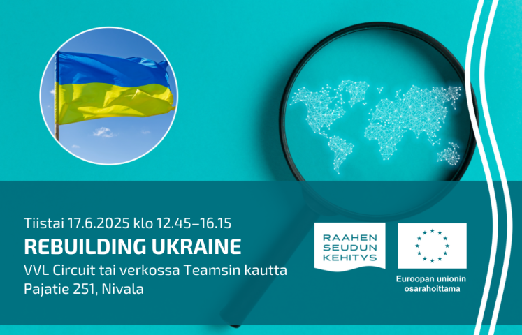 Ukrainan lippu ja tapahtuman tiedot.