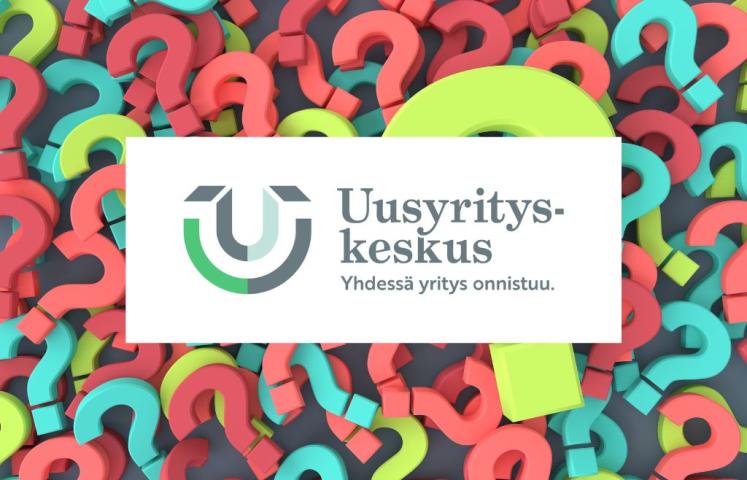 Värikkäitä kysymysmerkkejä ja Uusyrityskeskuksen logo.