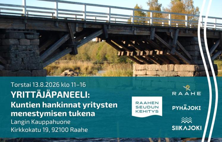 Tilaisuuden tiedot, kuntien logot ja taustalla Pyhäjoen kivisilta.