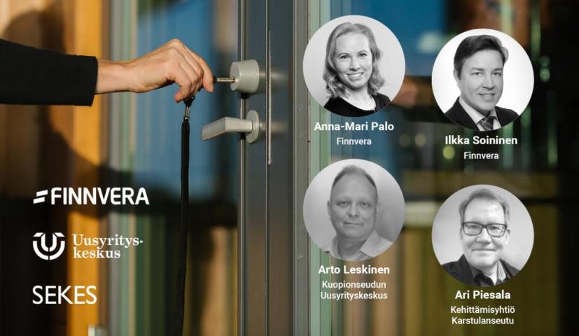 Kuva: Tapahtuman järjestäjät. Avainta lukkoon sovittava käsi ja kasvokuvat webinaarin puhujista.