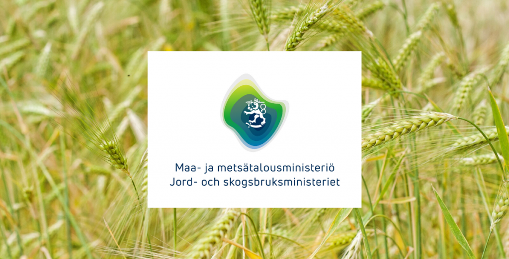 Maa- ja metsätalousministeriön logo ja viljapelto.