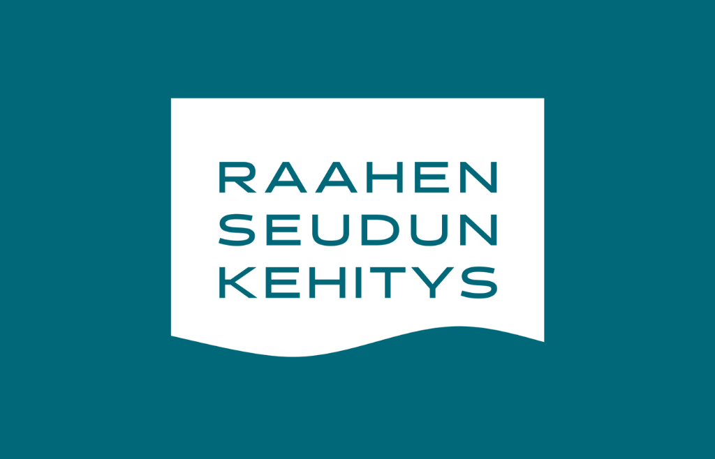 Raahen seudun kehityksen valkoinen logo sinisellä taustalla.