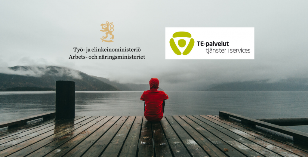 TEM:in ja TE-palveluiden logo, hahmo merenrannalla.