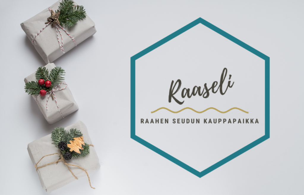 Kolme joululahjaa ja Raaseli-verkkokaupan logo.