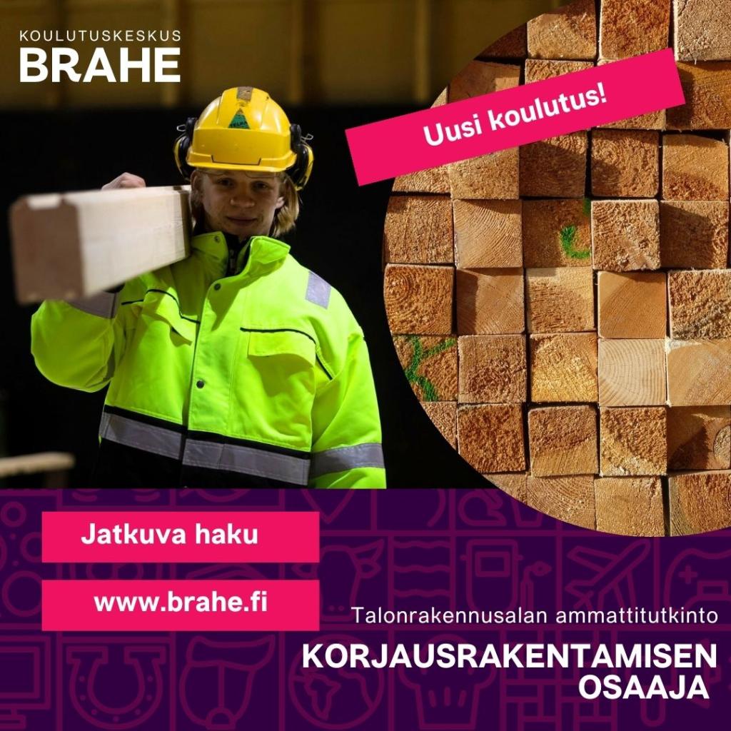 Kuva: Koulutuskeskus Brahe. Rakentaja kypärässä ja työtakissa sekä mainosteksti koulutuksesta.