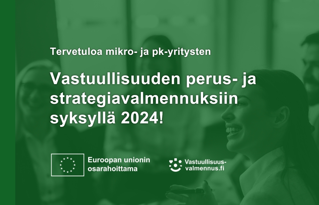 Hymyileviä ihmisiä sekä vastuullisuusvalmennuksen ja EU:n logot.