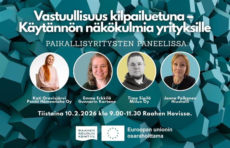 Tilaisuuden nimi ja paneelikeskustelun osallistujien kuvat.