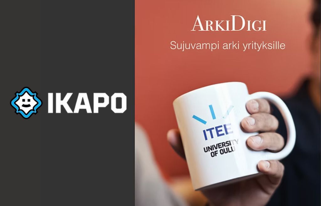 Ikapon logo ja teksti ArkiDigi, sujuvampi arki yrityksille. Kuva valkoisesta kahvikupista henkilön kädessä.