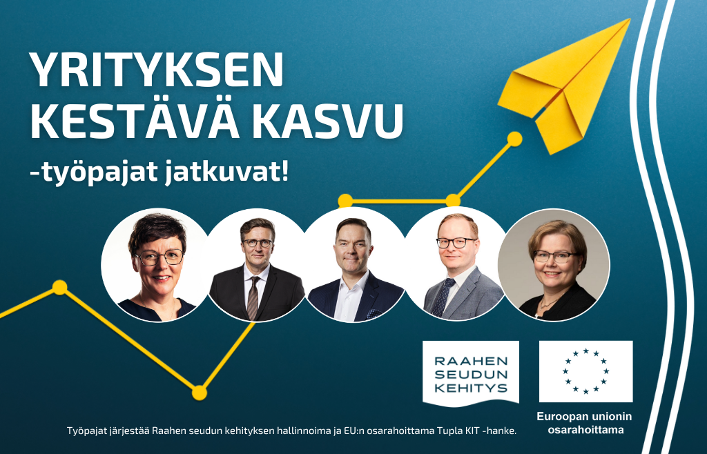 Teksti Yrityksen kestävä kasvu -työpajat jatkuvat sekä kouluttajien kasvokuvat.