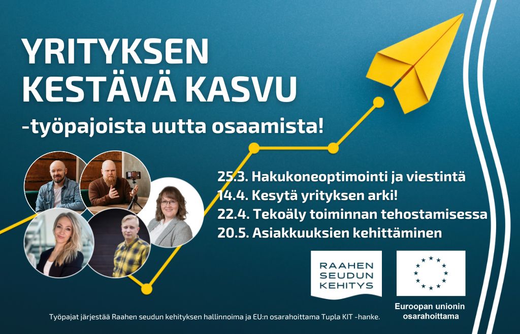 Kouluttajien kuvat ja työpajojen kevään aikataulu.