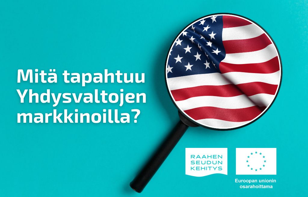 Teksti mitä tapahtuu Yhdysvaltojen markkinoilla. Sinisellä taustalla suurennuslasi, jossa on Yhdysvaltojen lippu.