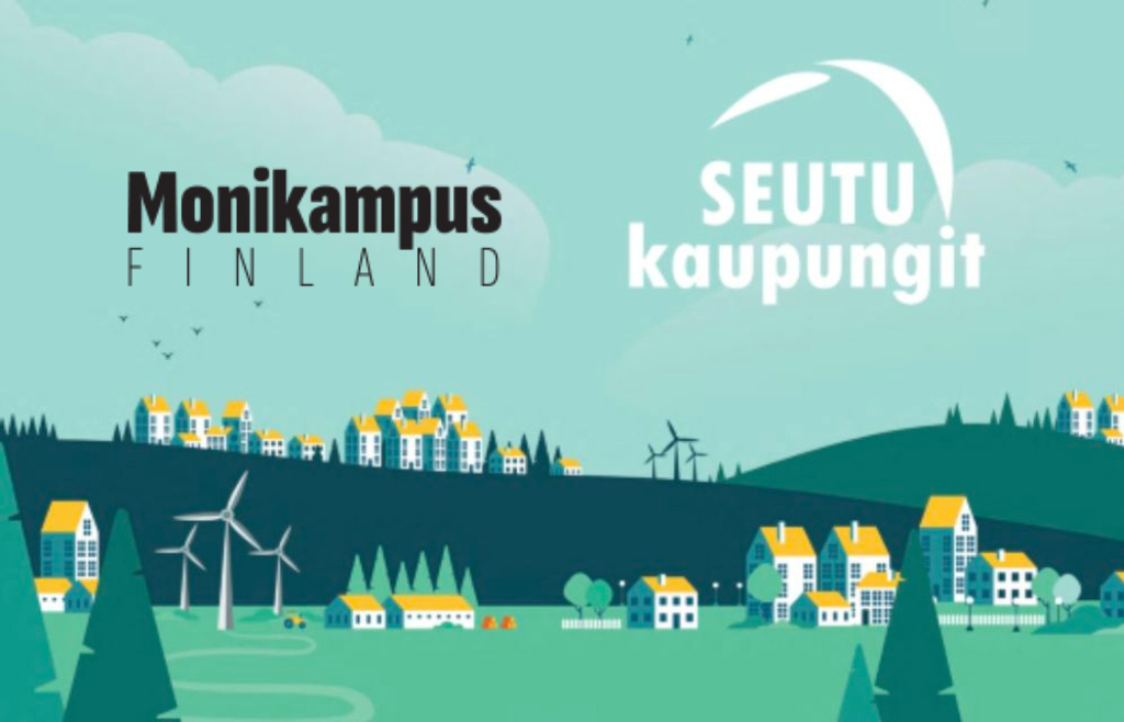 Kuva: Seutukaupunkiosaajat. Vihreäsävyinen piirroskuva kaupungista sekä monikampuksen ja seutukaupunkien logot.