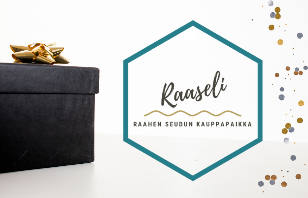 Lahjapaketti ja Raaseli-verkkokaupan logo.