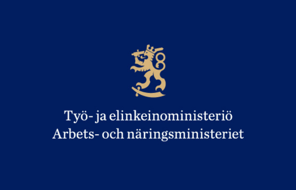 Työ- ja elinkeinoministeriön logo sinisellä pohjalla.