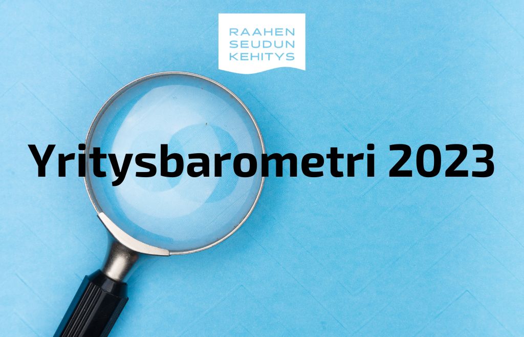 Suurennuslasi sinisellä taustalla ja teksti yritysbarometri 2023.