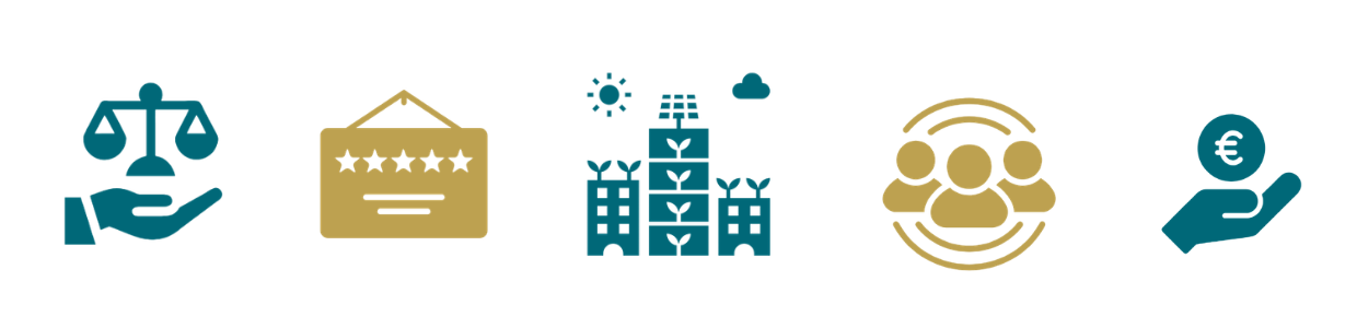 Icons: scale, diploma, eco housing, community and euro sign on a palm.