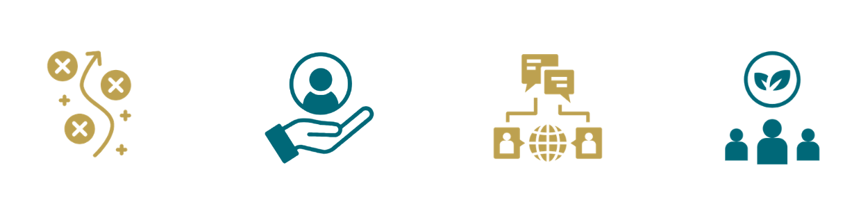 Icons: route, person on a palm, communication network and taking care of the environment.